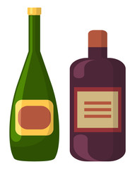 Strong drinks vector, isolated bottles with emblems. Alcoholic beverage poured in containers. Ale or gin, whiskey or run flat style classic liquid