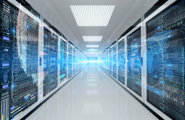 Servers data center room with storage systems and digital graphs and charts 3D rendering