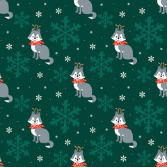 Colorful seamless pattern with cute dog in Christmas costume. Vector background.