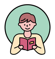 Cute character reading book holding published pages in hardcover. Boy preparing for school or university. Handsome kid wearing casual clothes. Icon in minimal outline style, vector illustration