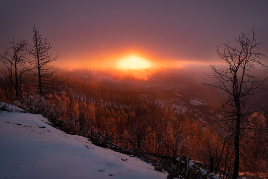 Sunset over misty mountain forest 