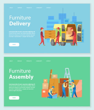 Furniture delivery and assembly vector, transportation with drawers and wooden items bought from store. Workers packaging objects in lorry. Website or webpage template, landing page flat style