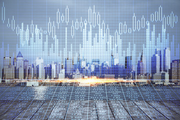 Forex graph on city view with skyscrapers background double exposure. Financial analysis concept.