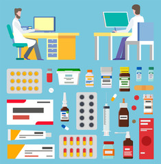 Doctor or pharmacist communication with computer. Drugs sign, pillows and drops, plaster and syringe, ointment and spray, choosing for treatment vector