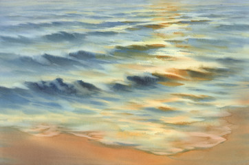 sunny sea reflections watercolor background. Summer landscape