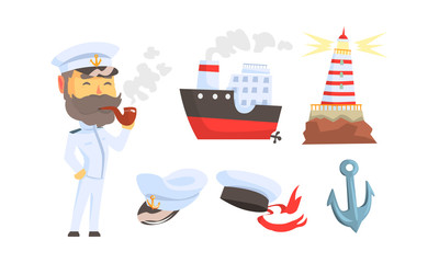 Mariner Attributes with Seaman Character Standing and Smoking Pipe Vector Set