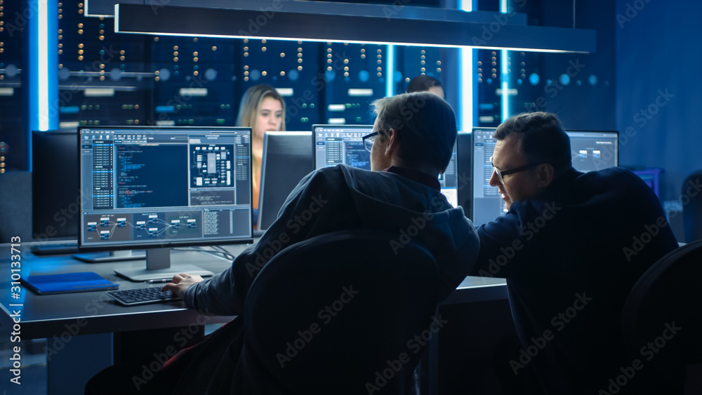 Poster Team of IT Programers Working on Desktop Computers in Data Center Control Room. Team of Young Professionals Working In Software and Hardware Development, Doing Coding 