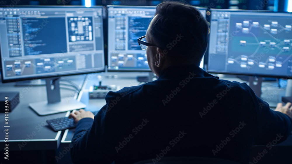 Poster Professional IT Programer Working in Data Center on Desktop Computer with Three Displays, Doing Development of Software and Hardware. Displays Show Blockchain, Data Network Architecture Concept