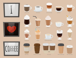 Fototapeta Collection of glasses with drinks. Coffee types, variety of beverages. Americano and latte macchiato, iced coffee and irish type. Frappuccino and frappe, bicerin and cocoa takeaway. Vector in flat obraz