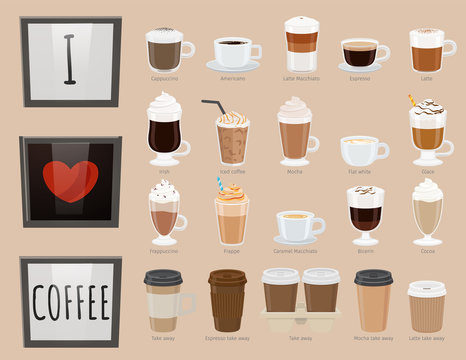 Collection Of Glasses With Drinks. Coffee Types, Variety Of Beverages. Americano And Latte Macchiato, Iced Coffee And Irish Type. Frappuccino And Frappe, Bicerin And Cocoa Takeaway. Vector In Flat