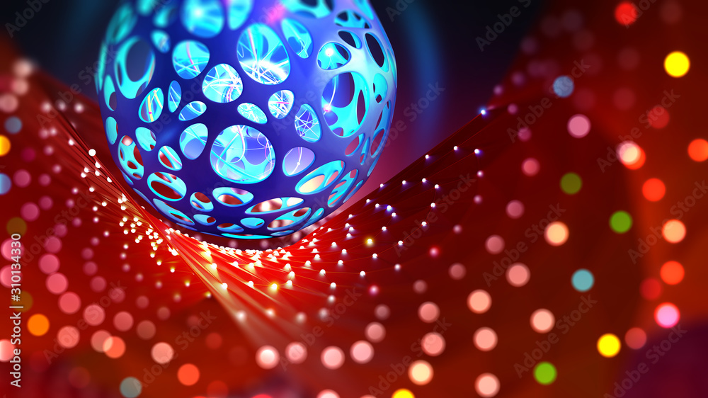 Aufkleber Neural network and artificial intelligence. Bright holiday and high technology. 3D illustration of a cyber ball on a bokeh background