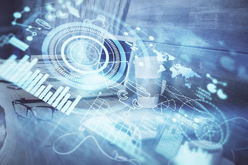 Multi exposure of business theme icons and work space with computer background. Concept of success.