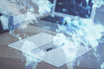 Multi exposure of business theme icons and work space with computer background. Concept of success.