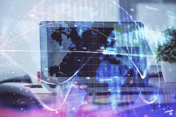 Multi exposure of business theme icons and work space with computer background. Concept of success.