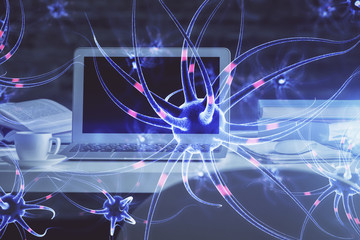 Desktop computer background and neuron drawing. Double exposure. Education concept.