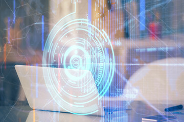 Technology theme drawing and table with computer. Double exposure. Concept of information.