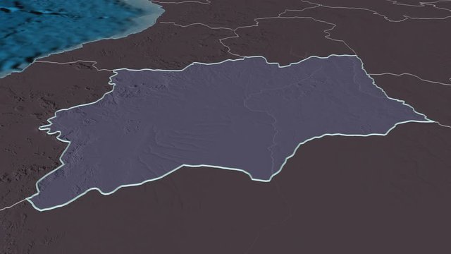 Hu&iacute;la, province with its capital, zoomed and extruded on the administrative map of Angola in the conformal Stereographic projection. Animation 3D