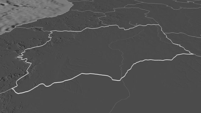 Hu&iacute;la, province with its capital, zoomed and extruded on the bilevel map of Angola in the conformal Stereographic projection. Animation 3D