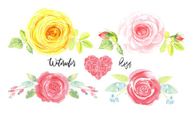 Roses romantic cute clip art set.  Hand painted floral watercolor stock  illustration. Isolated element on a white background. Perfect for birthday, valentine, wedding invitations cards.