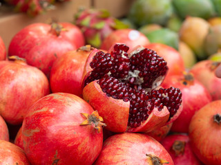 Still life Pomegranate garnet fruits from farmers market. Fresh raw organic ripe garnet fruit. grains natural pomegranate Antioxidant eco healthy food