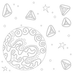 Contour image of a fantastic planet, doodles space. Coloring book, page for adults and schoolchildren. Vector illustration isolated on white background.