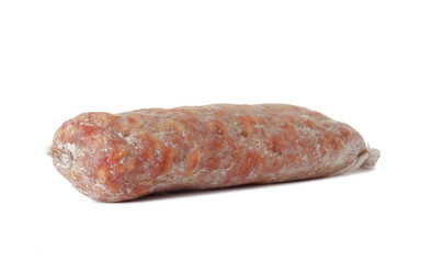 Italian sausage. Tasty dried sausage, close-up, isolated on white background.
