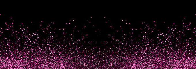 Abstract pink defocused glitter holiday panorama background on black. Falling shiny sparkles. New year Christmas glowing backdrop