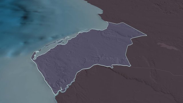 Luanda, province with its capital, zoomed and extruded on the administrative map of Angola in the conformal Stereographic projection. Animation 3D