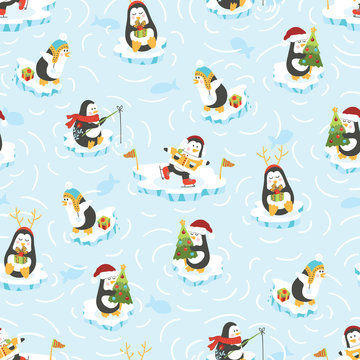 Christmas Penguins on Water Vector Seamless Pattern