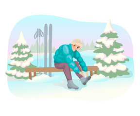 Ski rental. Man putting on ski boots. Vector illustration concept