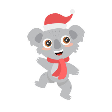 Cute Australian koala wombat with big eyes in a Santa hat smiles and dances. New Year flat vector cartoon illustration