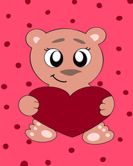Vector illustration of a cute bear with big eyes and a heart in his hands. Postcards for Valentine's day. Application in attributes for Valentine's day, children's printed materials, merchandising.