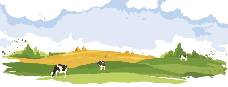 Abstract rural landscape with cows. Watercolor illustration, wheat fields and meadows	