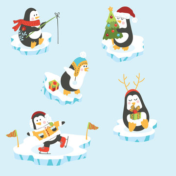 Cute Christmas Penguins Character Vector Isolated Elements Set