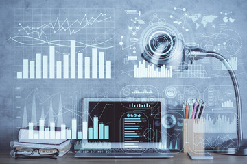 Multi exposure of chart and financial info and work space with computer background. Concept of international online trading.