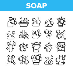 Soap Bubbles And Foam Collection Icons Set Vector Thin Line. Soap In Bottle For Wash Hand, In Bucket And In Laundry Machine Concept Linear Pictograms. Monochrome Contour Illustrations