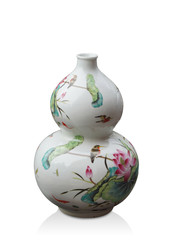 Di cut antique beautiful Gourd shaped ceramic bottle on white background, object, copy space
