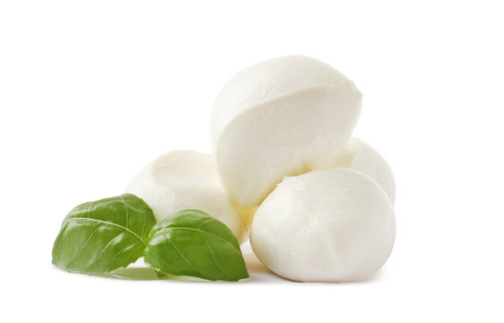 Mozzarella with basil isolated on white background. Top view