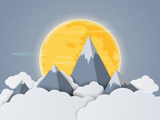 Vector Natural landscape in the night sky with clouds, moon and mountains, paper art style