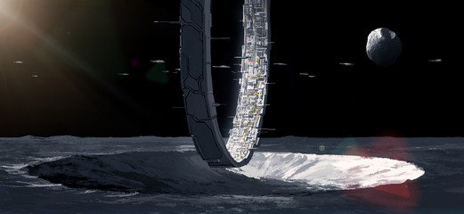 The human ring stronghold on the outer planet, science fiction illustration. © liuzishan