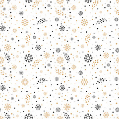 Seamless Christmas pattern with gold and black snowflakes.