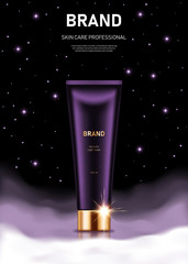 Realistic cream tube with golden lid on night background with clouds and stars. Advertising poster for the promotion of cosmetic skin care premium product