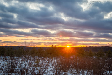 Winter sunset in Central Russia -forest and colorful sky