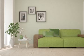 Stylish room in green color with sofa. Scandinavian interior design. 3D illustration