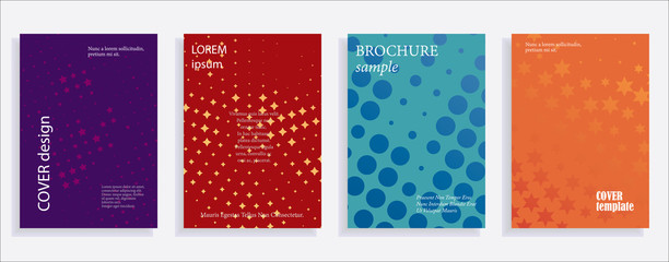 Minimalistic cover design templates. Set of layouts for covers of books, albums, notebooks, reports, magazines. Star halftone gradient effect, flat modern abstract design. Geometric mock-up texture