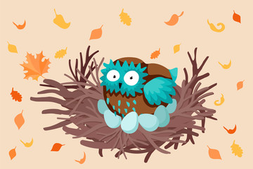 Sleeping owl in nest. Vector cartoon illustration