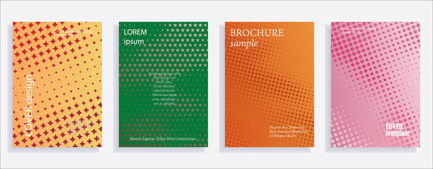 Minimalistic cover design templates. Set of layouts for covers of books, albums, notebooks, reports, magazines. Star halftone gradient effect, flat modern abstract design. Geometric mock-up texture
