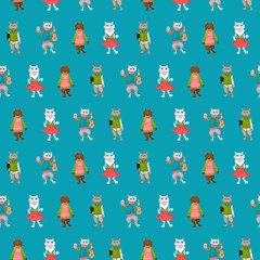 Seamless pattern with cats in clothes. Vector illustration