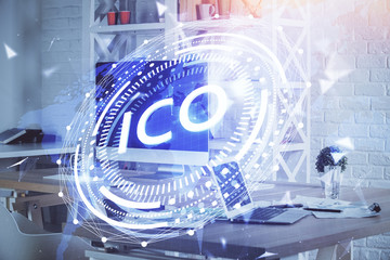 Multi exposure of blockchain theme hologram and table with computer background. Concept of bitcoin crypto currency.