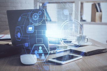 Computer on desktop with social network theme icon. Multi exposure. Concept of international...